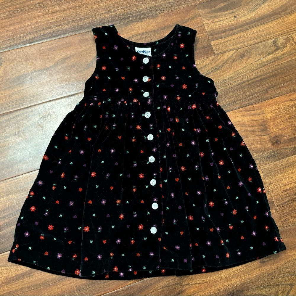 Osh Kosh B’Gosh vintage velour black floral button down sleeveless dress